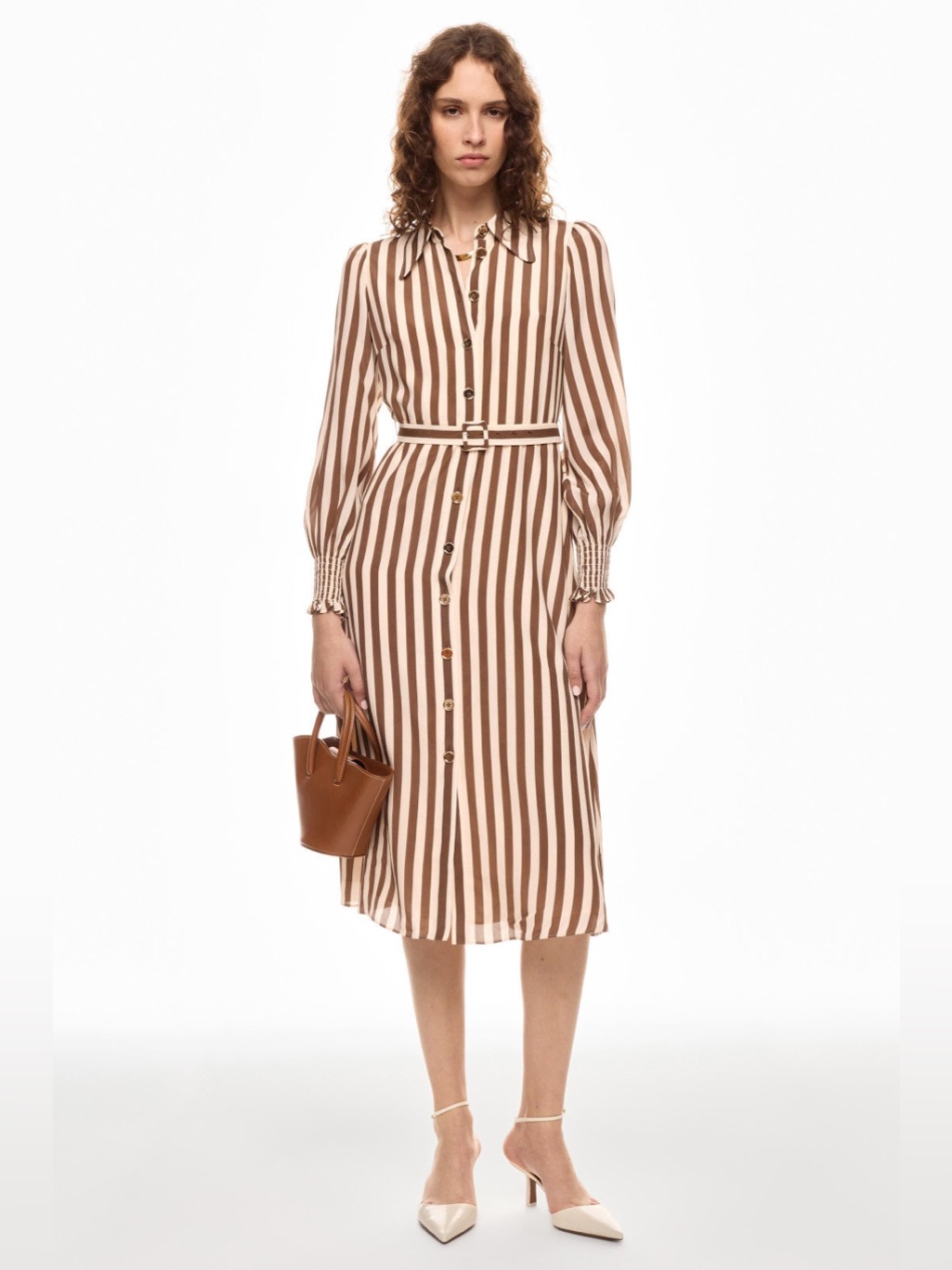Lk Bennett Brown And Cream Striped Long-Sleeve Shirt Dress